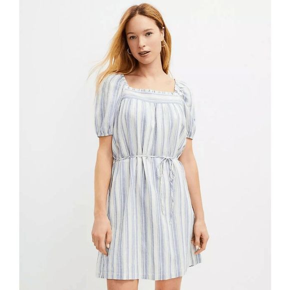 Loft‎ Striped Square Neck Shift Dress Blue White Linen Blend Size M MISSING BELT - Picture 1 of 6